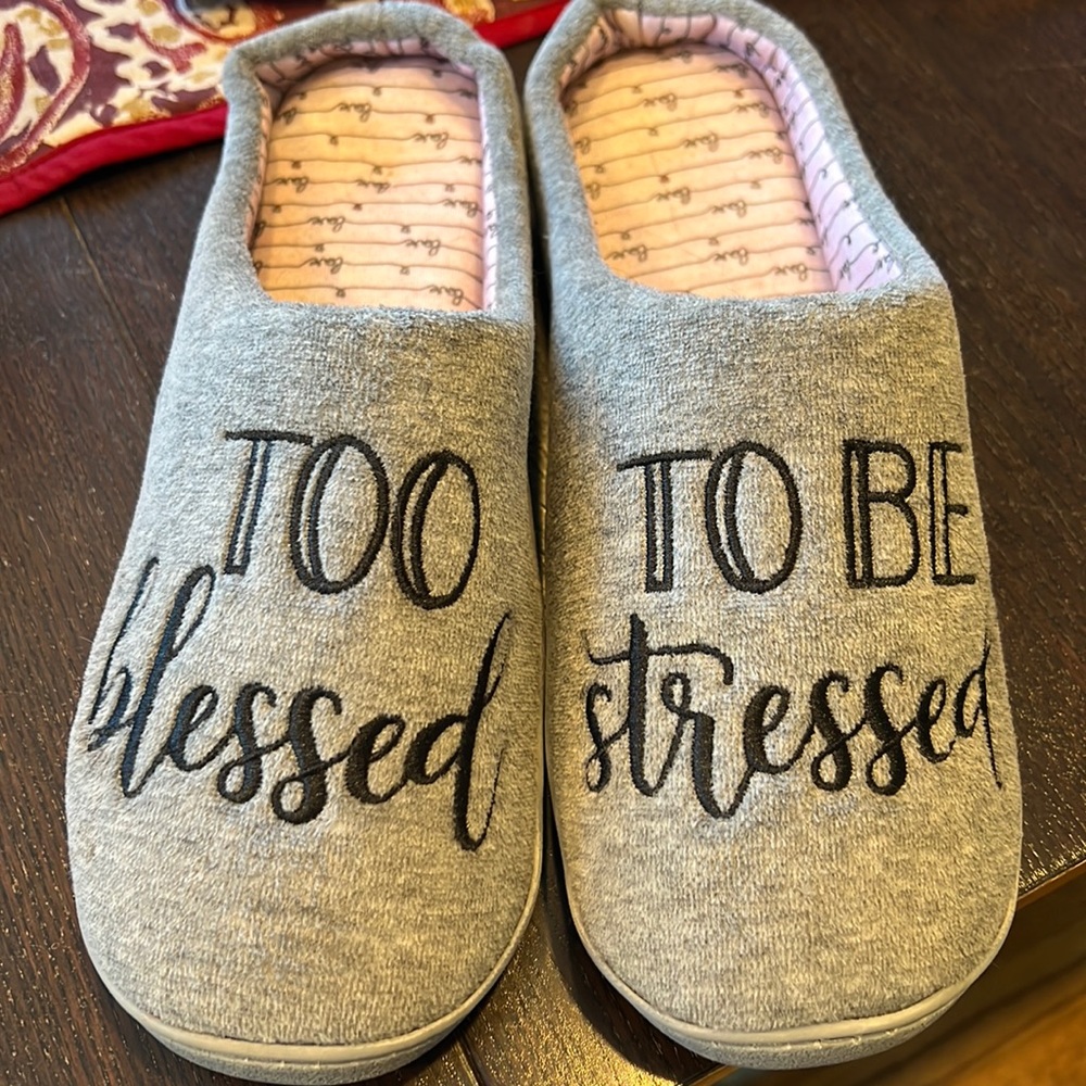Too blessed to be stressed house slippers